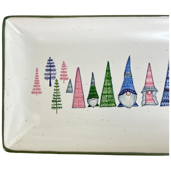 Peppermint & Pine Gnome Christmas Tree Serving Tray 12 IN Rectangle Green Pink - Picture 2 of 6